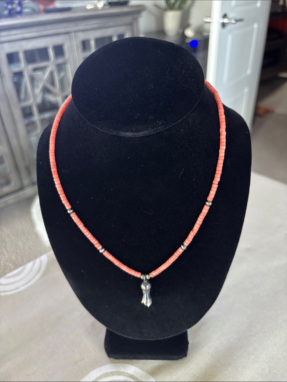 Coral Beaded Necklace with Silver Charm